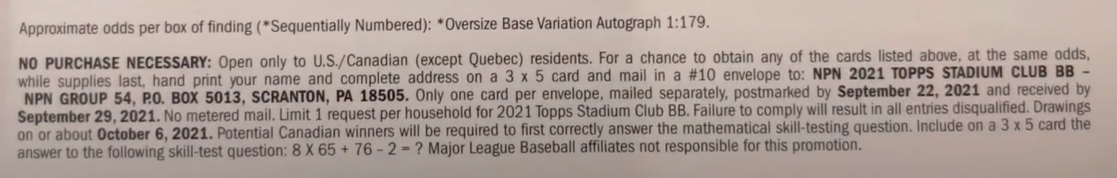 2021 Topps Stadium Club Baseball - Hobby Box - No Purchase Necessary (NPN) Information