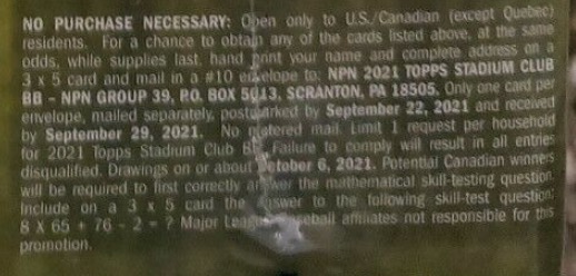 2021 Topps Stadium Club Baseball - Blaster Box - No Purchase Necessary (NPN) Information