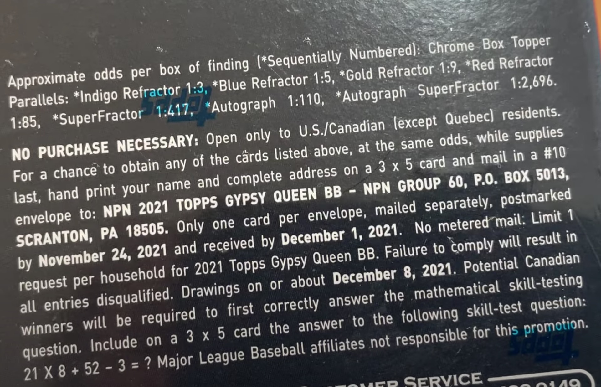 2021 Topps Gypsy Queen Baseball - Hobby Box - No Purchase Necessary (NPN) Information