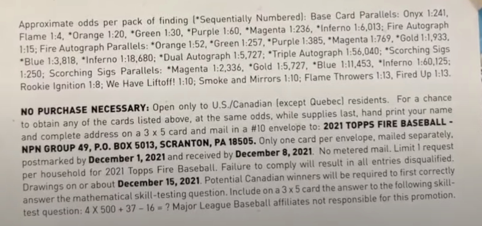 2021 Topps Fire Baseball Cards - Hobby Box - No Purchase Necessary (NPN) Information