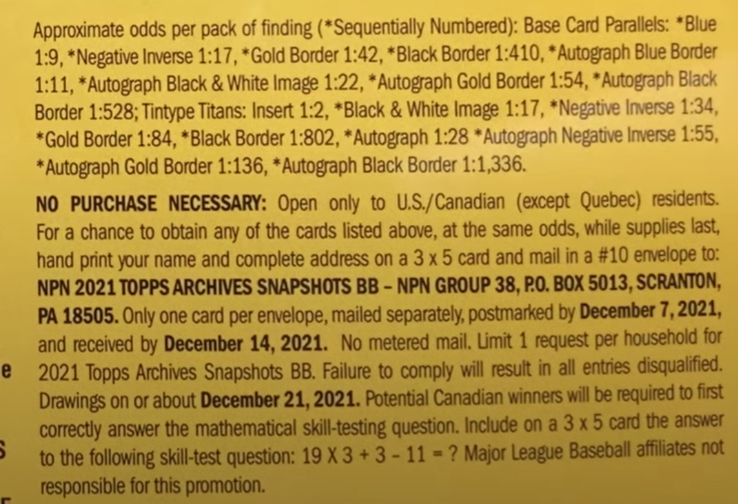 2021 Topps Archives Snapshots Baseball Cards - Hobby Box - No Purchase Necessary (NPN) Information