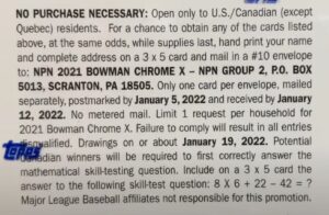 2021 Bowman Chrome X Baseball Cards - Hobby Box - No Purchase Necessary (NPN) Information