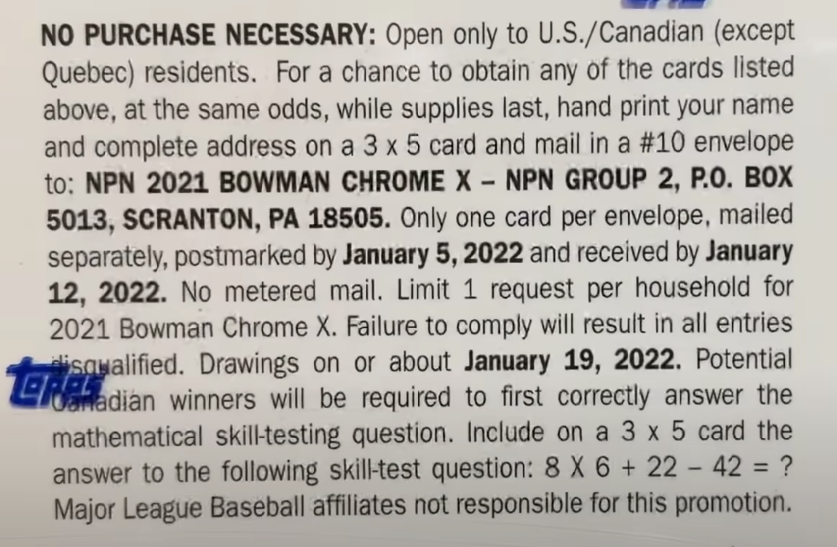 2021 Bowman Chrome X Baseball Cards - Hobby Box - No Purchase Necessary (NPN) Information