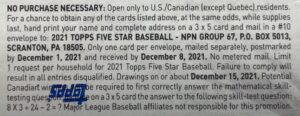 2021 Topps Five Star Baseball Cards - Hobby Box - No Purchase Necessary (NPN) Information