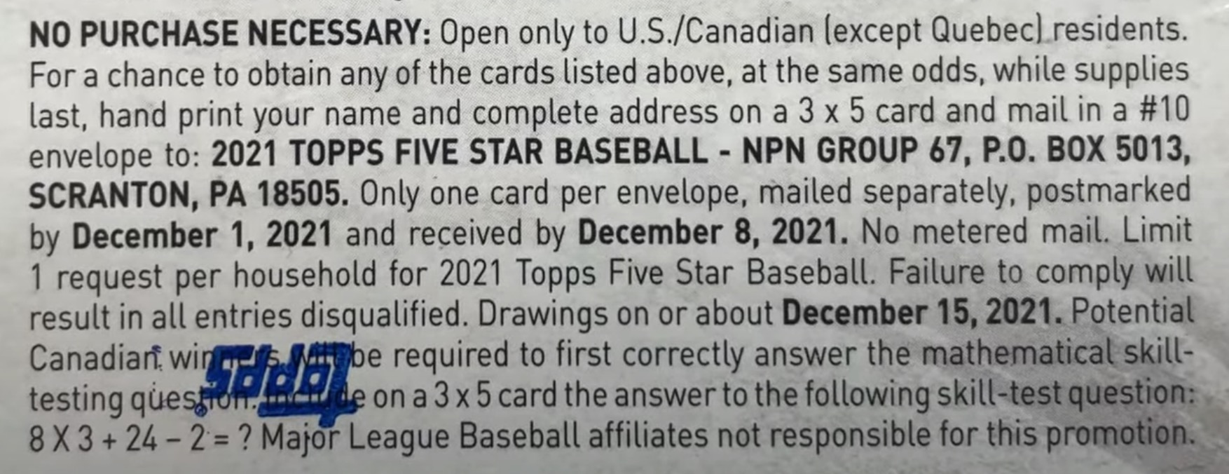 2021 Topps Five Star Baseball Cards - Hobby Box - No Purchase Necessary (NPN) Information