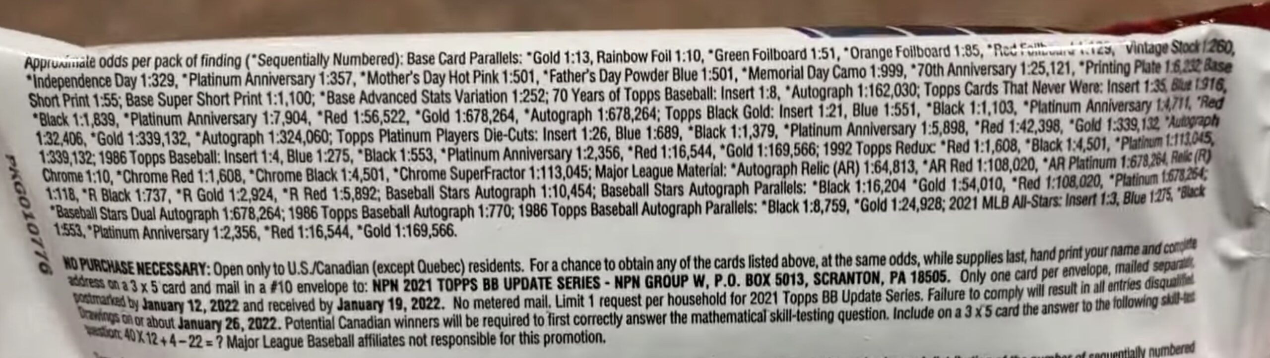 2021 Topps Update Series Baseball Cards - Hanger Pack - No Purchase Necessary (NPN) Information