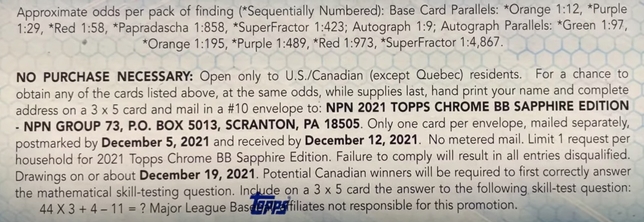 2021 Topps Chrome Sapphire Edition Baseball Cards - Hobby Box - No Purchase Necessary (NPN) Information