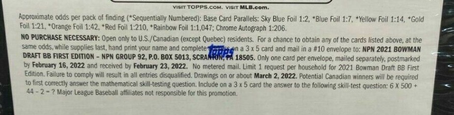 2021 Bowman Draft 1st Edition Baseball Cards - Hobby Box - No Purchase Necessary (NPN) Information