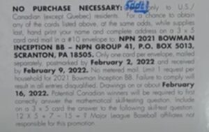 2021 Bowman Inception Baseball Cards - Hobby Box - No Purchase Necessary (NPN) Information