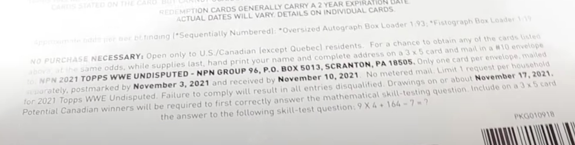 2021 Topps WWE Undisputed Wrestling Cards - Hobby Box - No Purchase Necessary (NPN) Information