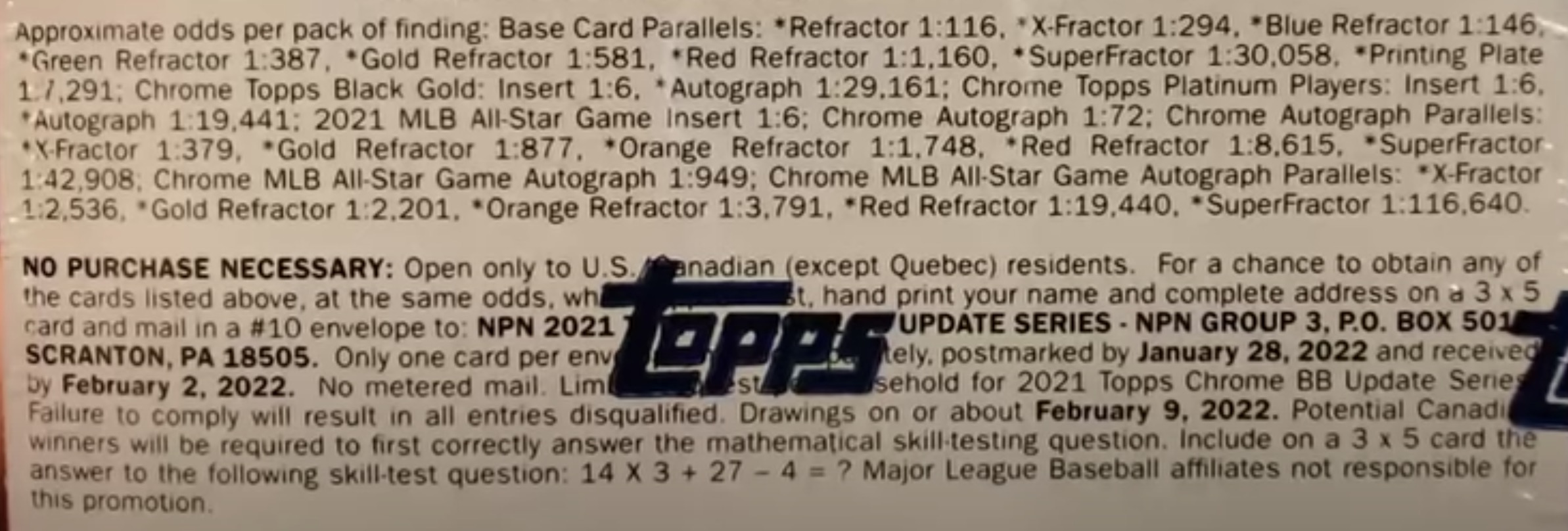 2021 Topps Chrome Update Series Baseball Cards - Mega Box - No Purchase Necessary (NPN) Information