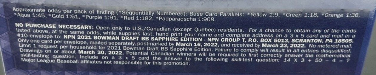 2021 Bowman Draft Sapphire Edition Baseball Cards - Hobby Box - No Purchase Necessary (NPN) Information