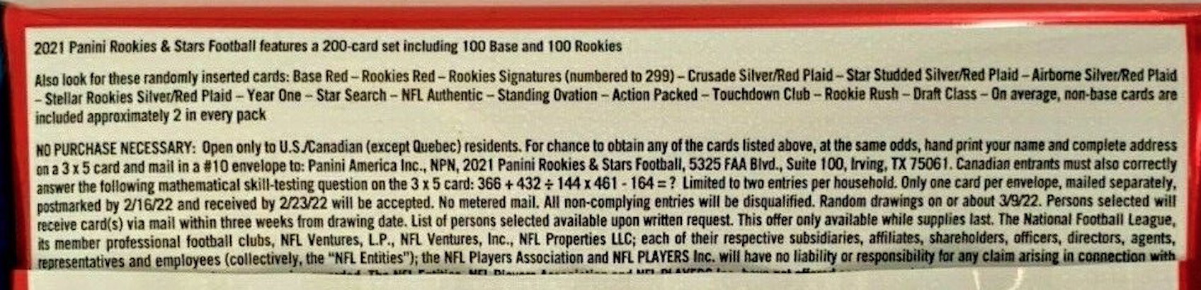 2021 Panini Rookies & Stars Football Cards - All Formats - No Purchase Necessary (NPN) Information