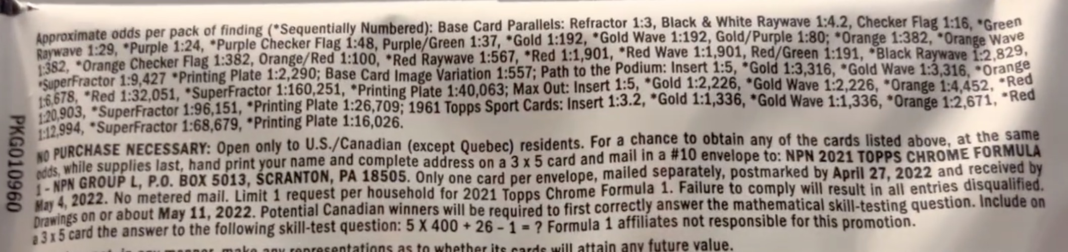 2021 Topps Chrome Formula 1 Racing Cards - Hobby Box - No Purchase Necessary (NPN) Information