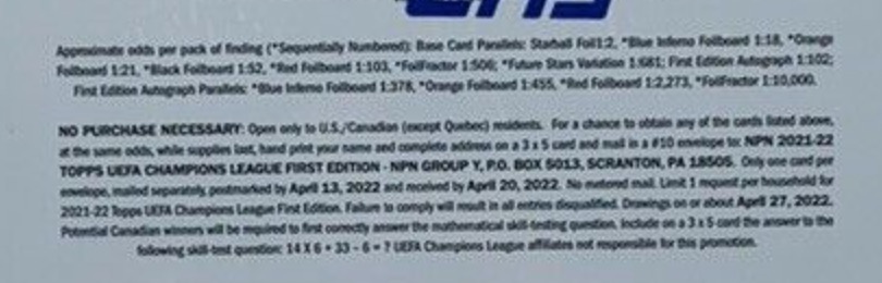 2021-22 Topps UEFA Champions League 1st Edition Soccer Cards - Hobby Box - No Purchase Necessary (NPN) Information