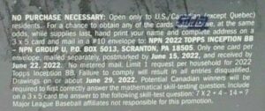 2022 Topps Inception Baseball Cards - Hobby Box - No Purchase Necessary (NPN) Information