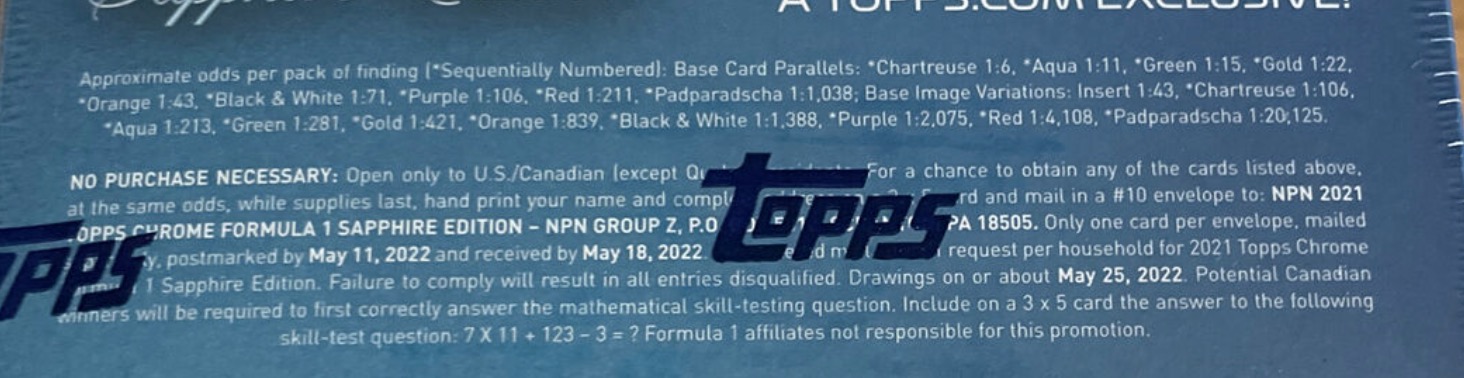 2021 Topps Chrome Sapphire Edition Formula 1 Racing Cards - Hobby Box - No Purchase Necessary (NPN) Information