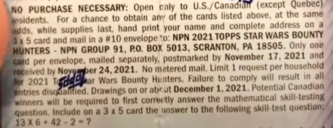 2021 Topps Star Wars Bounty Hunters Trading Cards - Blaster Box - No Purchase Necessary (NPN) Information