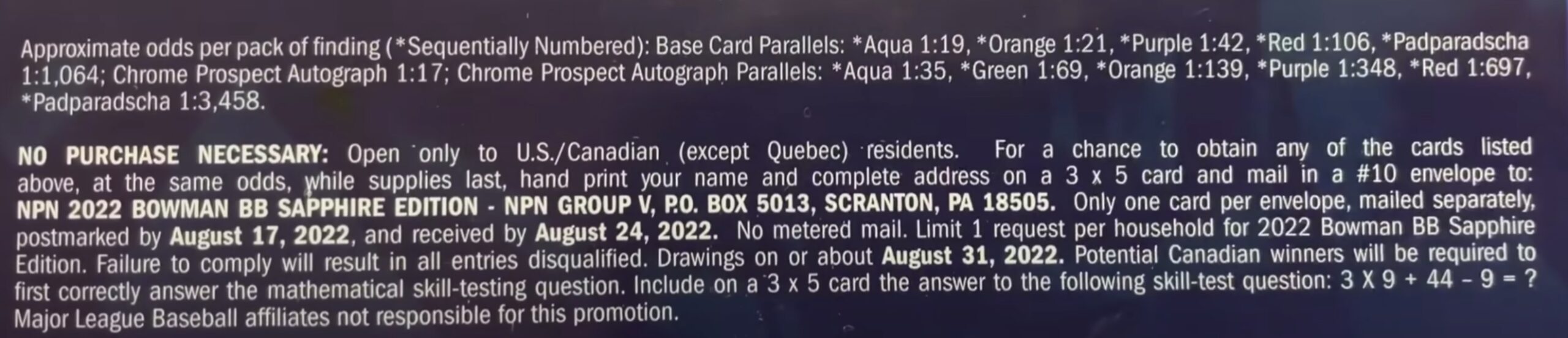 2022 Bowman Sapphire Edition Baseball Cards - Hobby Box - No Purchase Necessary (NPN) Information