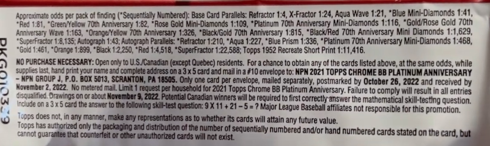 2021 Topps Chrome Platinum Anniversary Baseball Cards - Hobby Box - No Purchase Necessary (NPN) Information