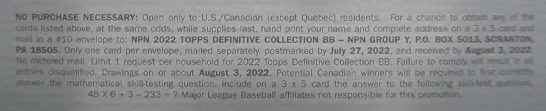 2022 Topps Definitive Collection Baseball Cards - Hobby Box - No Purchase Necessary (NPN) Information