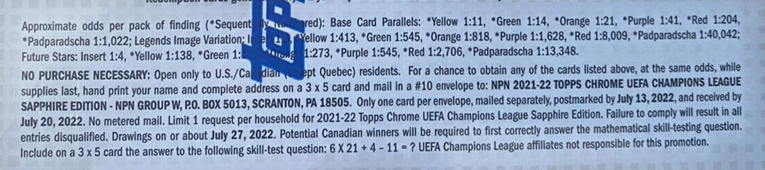 2021-22 Topps Chrome Sapphire Edition UEFA Champions League Soccer Cards - Hobby Box - No Purchase Necessary (NPN) Information