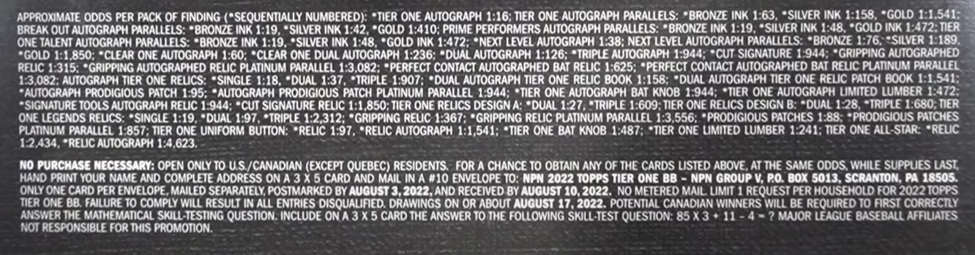 2022 Topps Tier One Baseball - Hobby Box - No Purchase Necessary (NPN) Information