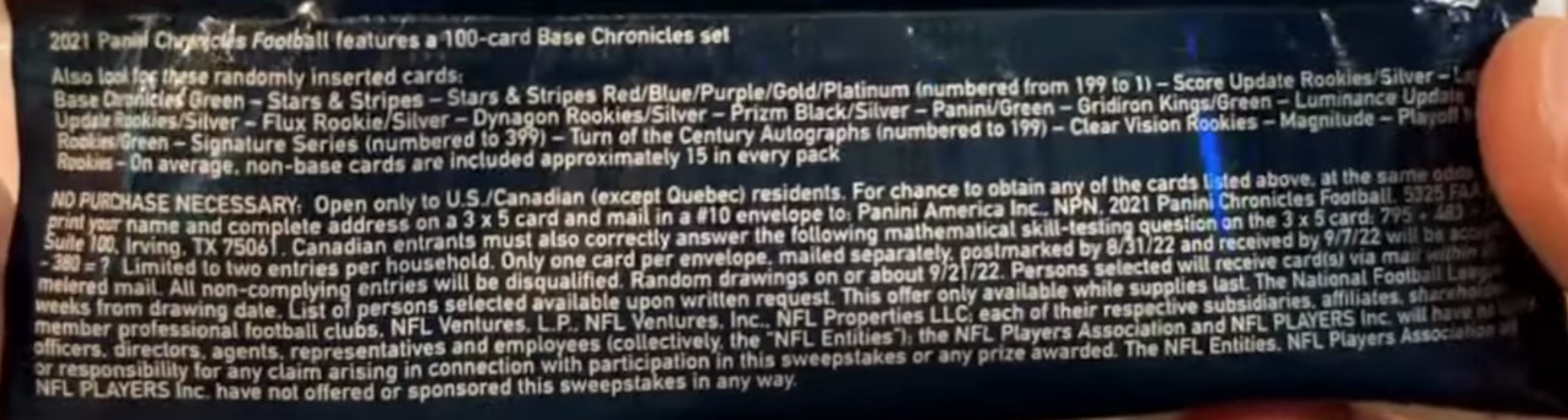 2021 Panini Chronicles Football Cards - All Formats - No Purchase Necessary (NPN) Information