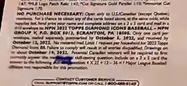 2022 Topps Diamond Icons Baseball Cards - Hobby Box - No Purchase Necessary (NPN) Information