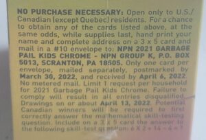 2021 Topps Chrome Garbage Pail Kids Original Series 4 Trading Cards - Blaster Box - No Purchase Necessary (NPN) Information