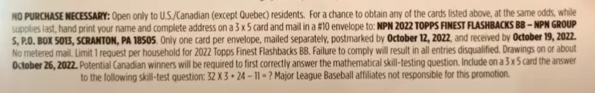 2022 Topps Finest Flashbacks Baseball Cards - Hobby Box - No Purchase Necessary (NPN) Information