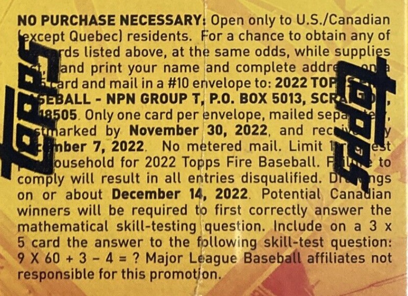 2022 Topps Fire Baseball Cards - Blaster Box - No Purchase Necessary (NPN) Information