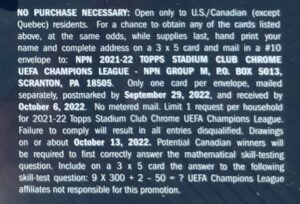 2021-22 Topps Stadium Club Chrome UEFA Champions League Soccer Cards - Mega Box - No Purchase Necessary (NPN) Information