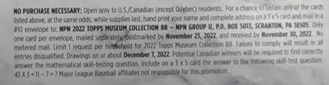 2022 Topps Museum Collection Baseball Cards - Hobby Box - No Purchase Necessary (NPN) Information