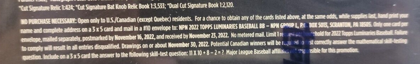 2022 Topps Luminaries Baseball Cards - Hobby Box - No Purchase Necessary (NPN) Information