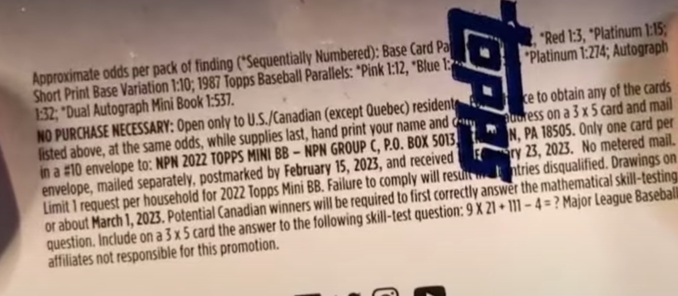 2022 Topps Mini Baseball Cards - Hobby Box - No Purchase Necessary (NPN) Information