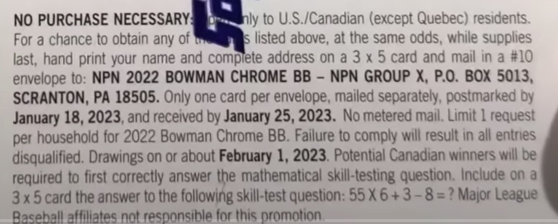 2022 Bowman Chrome Baseball Cards - HTA Box - No Purchase Necessary (NPN) Information