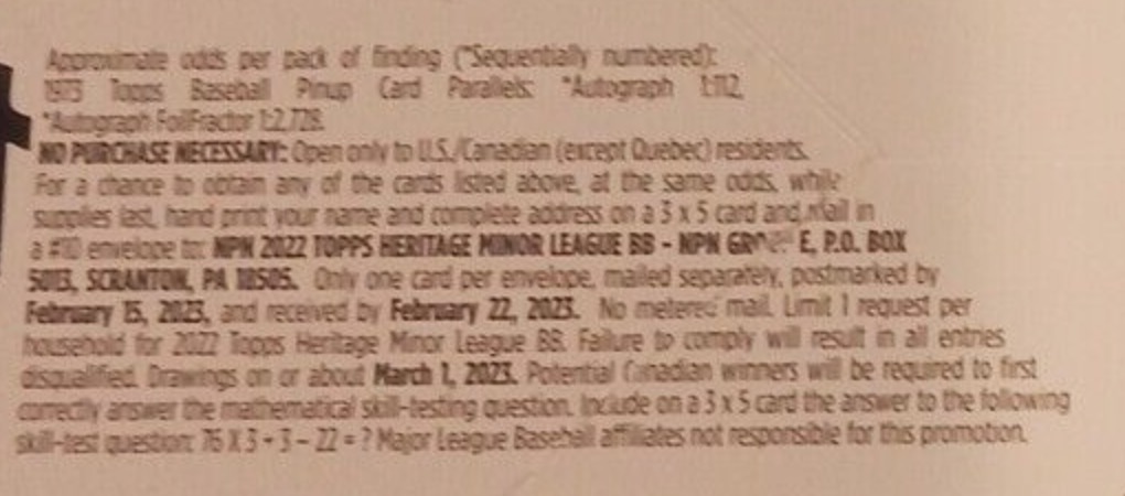 2022 Topps Heritage Minor League Baseball Cards - Hobby Box - No Purchase Necessary (NPN) Information