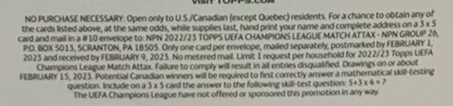 2022-23 Topps Match Attax UEFA League Soccer Cards - Hobby Box - No Purchase Necessary (NPN) Information