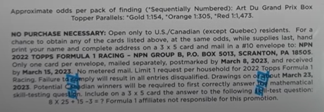 2022 Topps Formula 1 F1 Racing - Hobby Box - No Purchase Necessary (NPN) Information