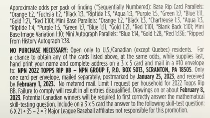 2022 Topps Rip Baseball Cards - Hobby Box - No Purchase Necessary (NPN) Information