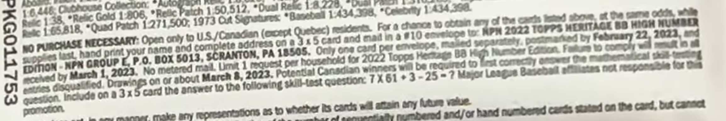 2022 Topps Heritage High Number Baseball Cards - Hobby Box - No Purchase Necessary (NPN) Information