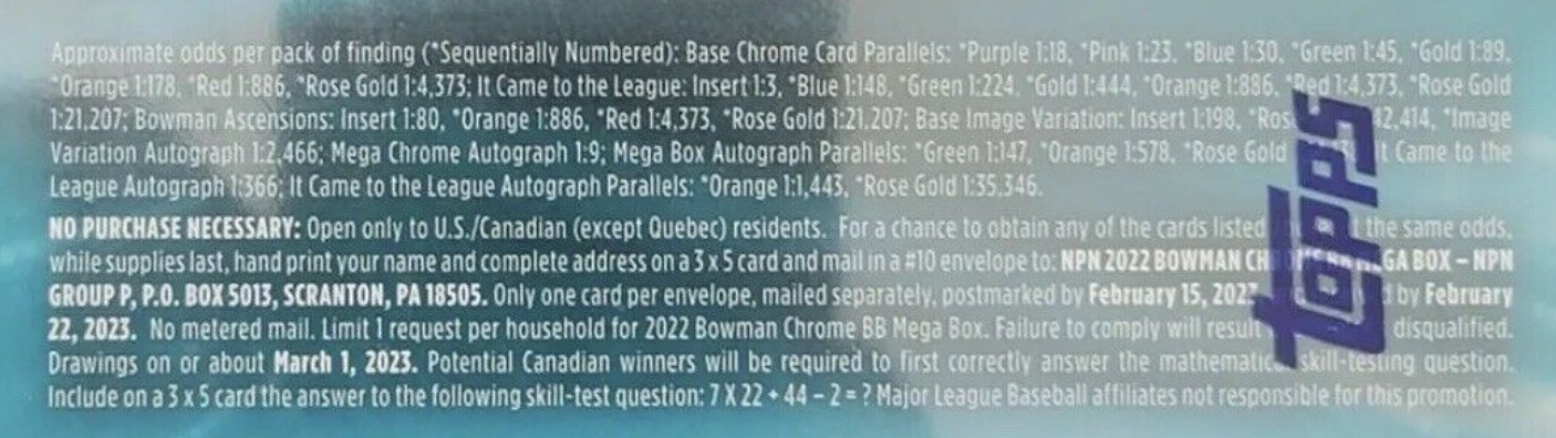 2022 Bowman Chrome Mega Box Baseball Cards - Mega Box - No Purchase Necessary (NPN) Information