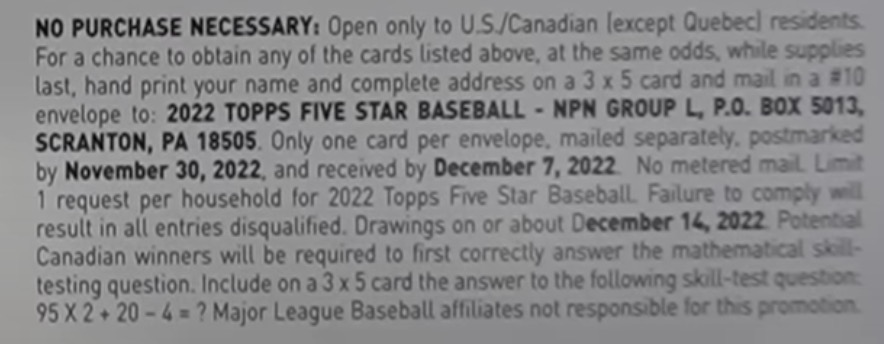 2022 Topps Five Star Baseball Cards - Hobby Box - No Purchase Necessary (NPN) Information