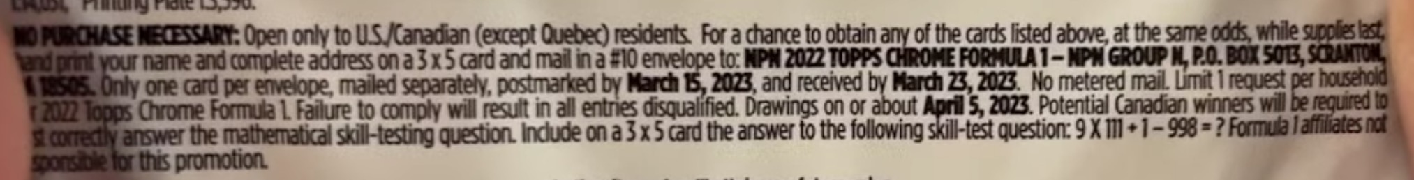 2022 Topps Chrome Formula 1 Racing Cards - Hobby Box - No Purchase Necessary (NPN) Information