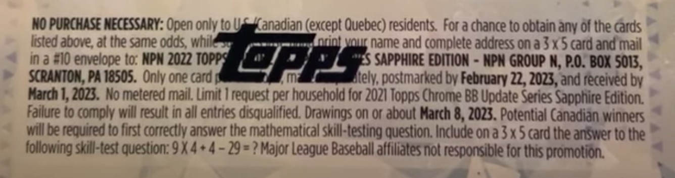 2022 Topps Chrome Update Series Sapphire Edition Baseball Cards - Hobby Box - No Purchase Necessary (NPN) Information