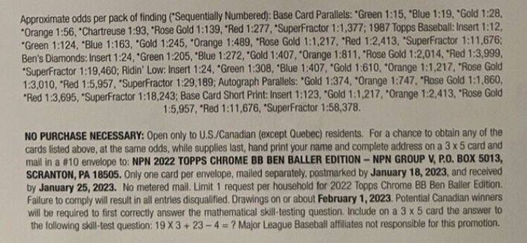 2022 Topps Chrome Ben Baller Baseball Cards - Hobby Box - No Purchase Necessary (NPN) Information