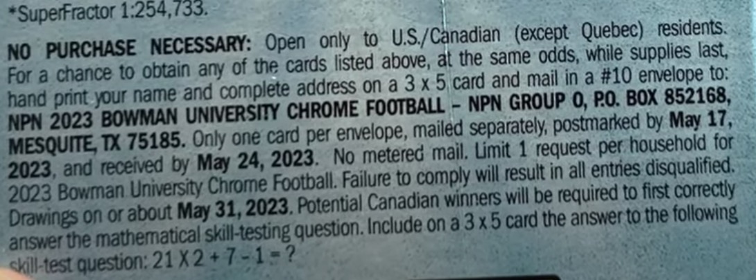 2022 Bowman University Chrome Football Cards - Blaster Box - No Purchase Necessary (NPN) Information