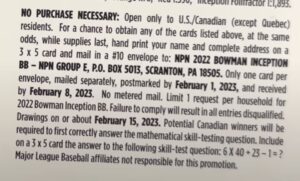 2022 Bowman Inception Baseball Cards - Hobby Box - No Purchase Necessary (NPN) Information