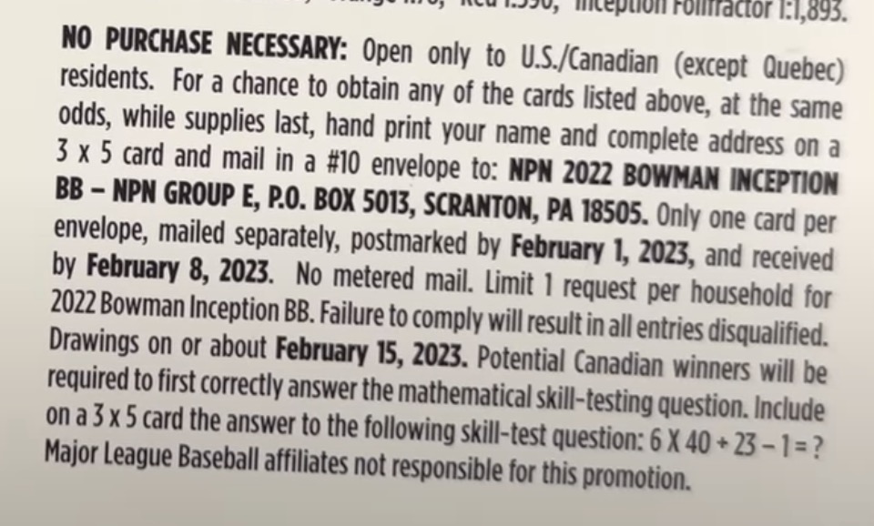 2022 Bowman Inception Baseball Cards - Hobby Box - No Purchase Necessary (NPN) Information